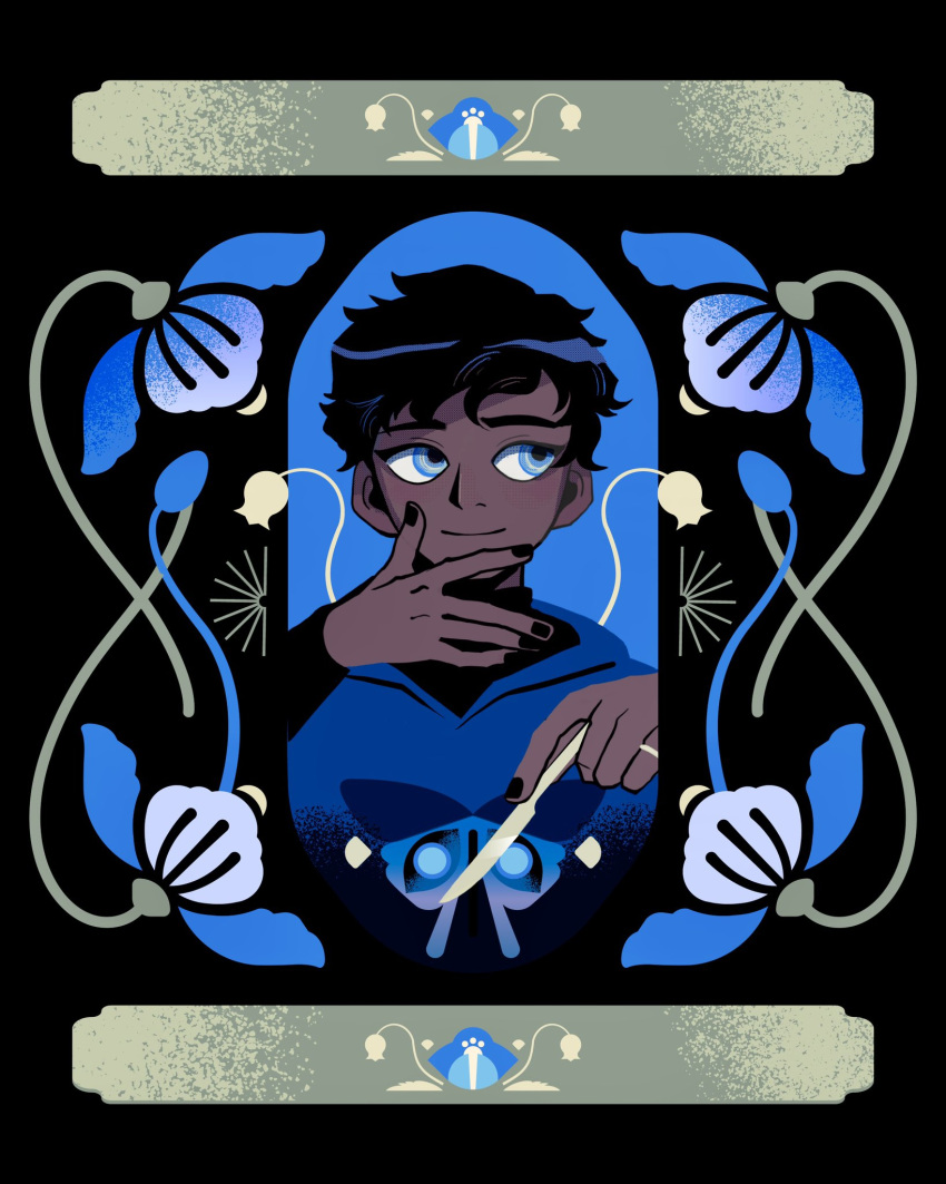 1boy, black_background, black_hair, black_nails, blue_butterfly, blue_eyes, blue_flower, bug