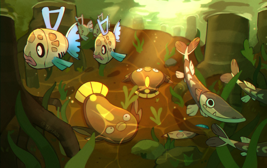 arrokuda, burried, feebas, fish, pokemon, pokemon_(creature), shiny_and_normal, shiny_pokemon, stunfisk, underwater