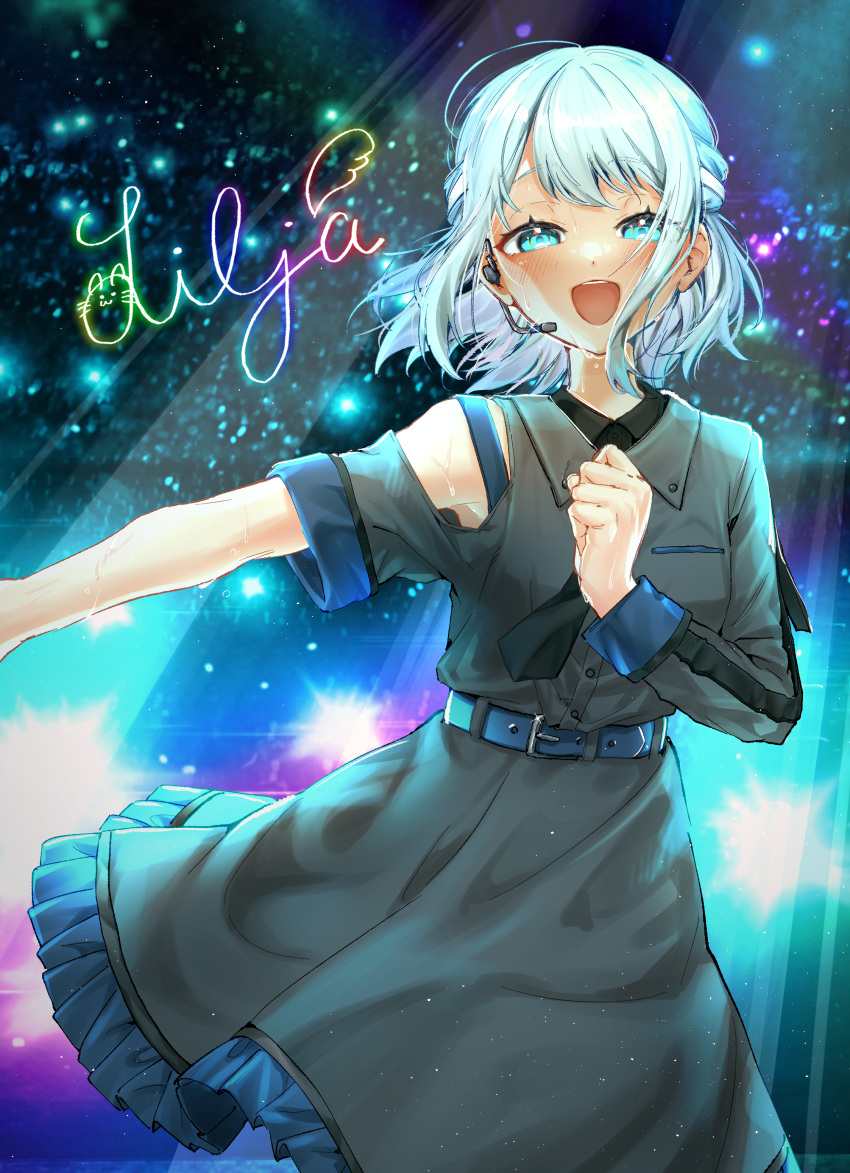 1girl, absurdres, armpits, asymmetrical_sleeves, belt_buckle, black_necktie, black_shirt, black_skirt