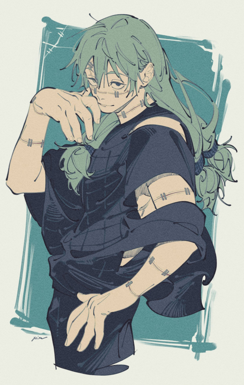 aqua_background, aqua_eyes, aqua_hair, black_eyes, black_shirt, border, closed_mouth, cropped_torso