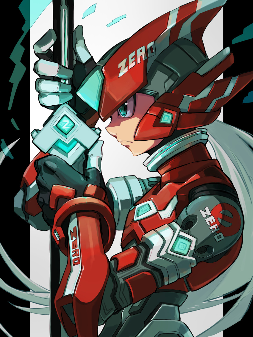 1boy, absurdres, adapted_costume, alternate_hair_color, android, armor, black_border, blue_eyes