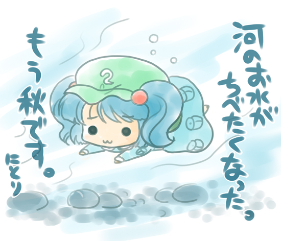 :3, blue_hair, chibi, hat, kawashiro_nitori, minamoto_hisanari, solo, swimming