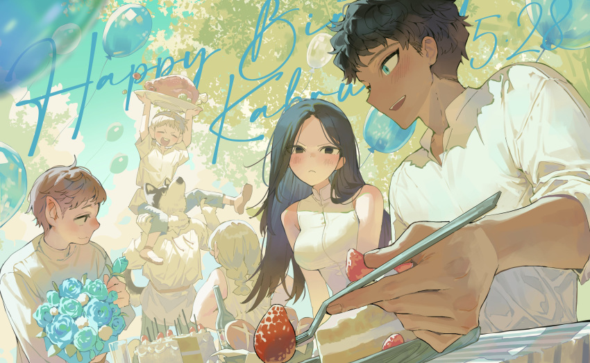 2girls, 4boys, :<, absurdres, balloon, birthday, birthday_cake, blush