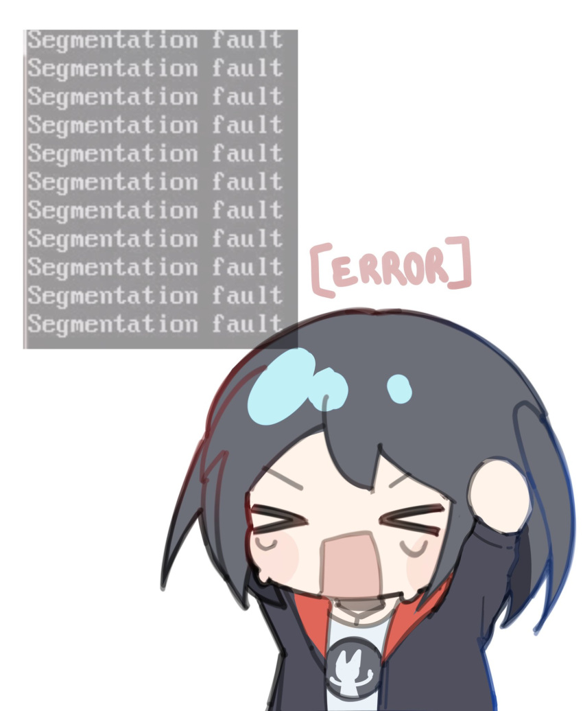 >_<, 1girl, annie_(anniewilump), arknights, black_hair, black_jacket, c++_(programming_language), chibi, chibi_only, closure_(arknights), commentary, crying, english_commentary, english_text, error_message, hands_on_own_head, highres, jacket, long_hair, open_clothes, open_jacket, programming_(topic), shirt, solo, tears, twintails, two-sided_fabric, two-sided_jacket, upper_body, v-shaped_eyebrows, white_shirt