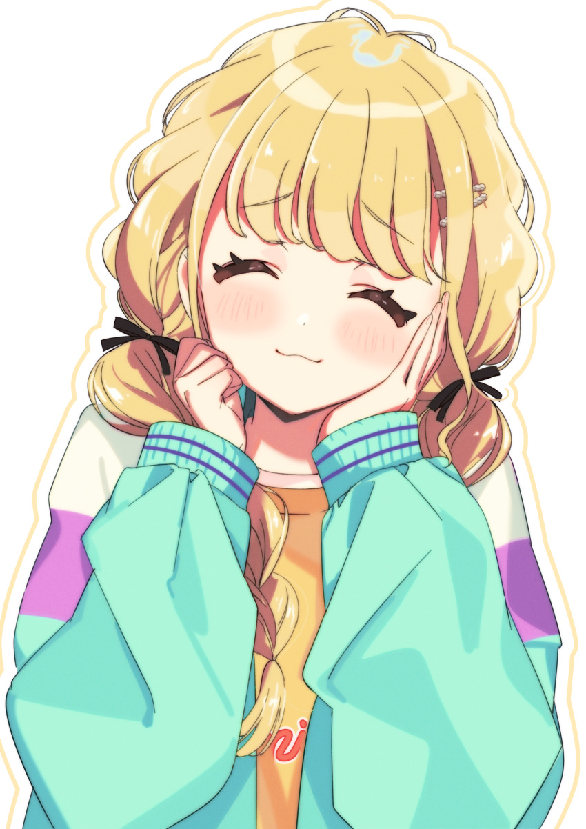1girl, ^_^, blonde_hair, braid, closed_eyes, commentary_request, facing_viewer, fujita_kotone