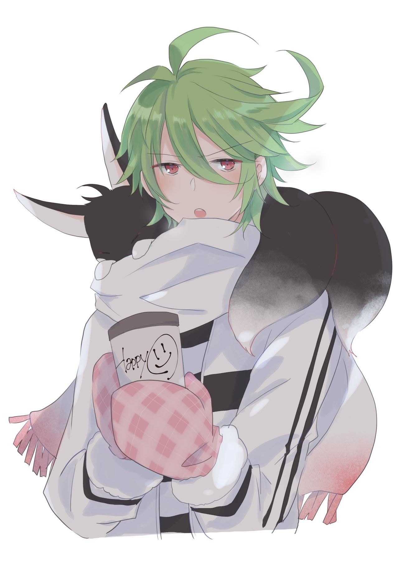 1boy, ahoge, asymmetrical_hair, coffee, cold, fox, gloves, grey_hair, highres, loveyuzu, medium_hair, red_eyes, scarf, servamp, solo, tsubaki_(fox_form)_(servamp), tsubaki_(servamp), watanuki_sakuya