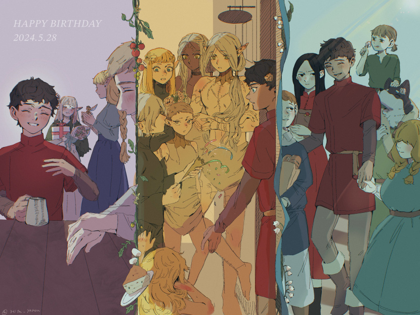 6+boys, 6+girls, arm_tattoo, birthday, black_eyes, black_hair, blonde_hair, blue_eyes