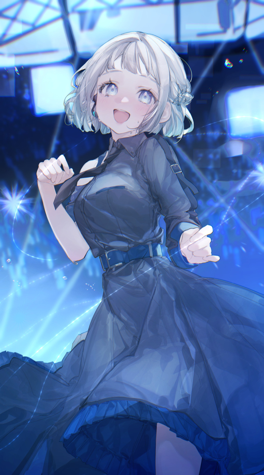 1girl, absurdres, asymmetrical_sleeves, belt_buckle, black_necktie, black_shirt, black_skirt, blue_eyes