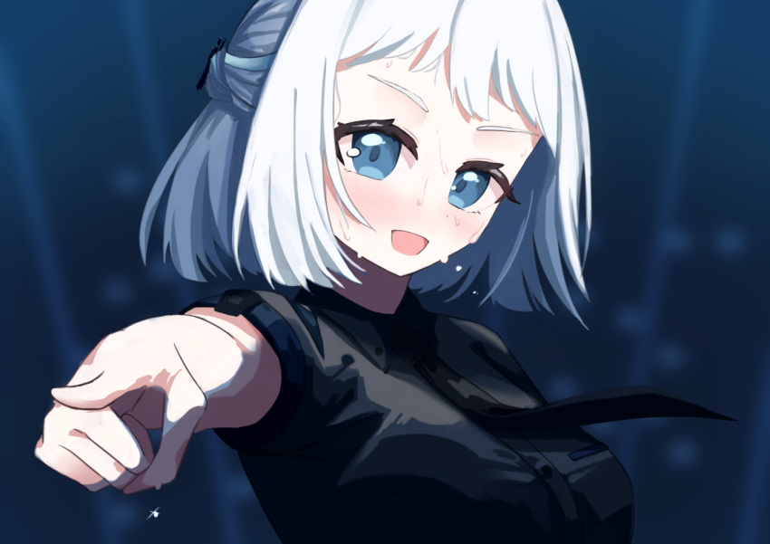 1girl, black_necktie, black_shirt, blue_eyes, blue_ribbon, blush, breasts, commentary_request