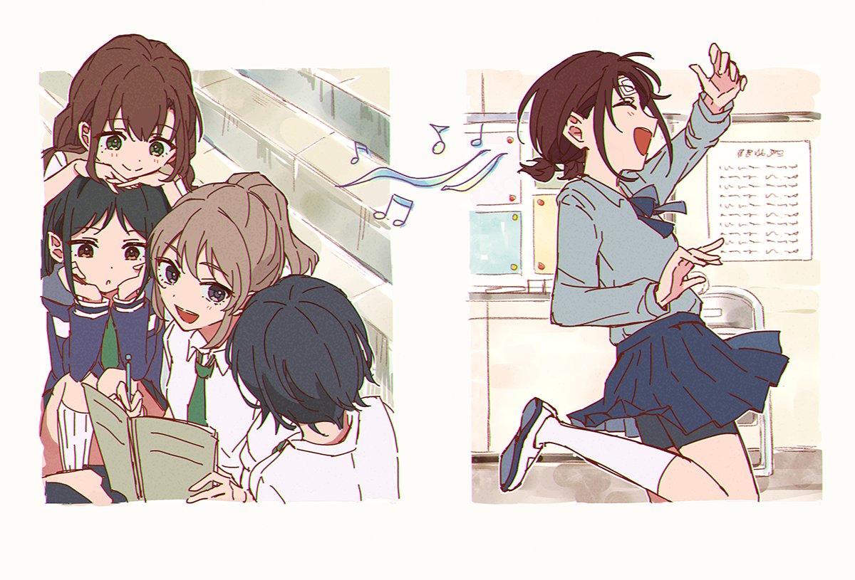 5girls, ai_(girls_band_cry), bandage_on_face, bandages, beamed_eighth_notes, black_hair, blue_sky, closed_eyes