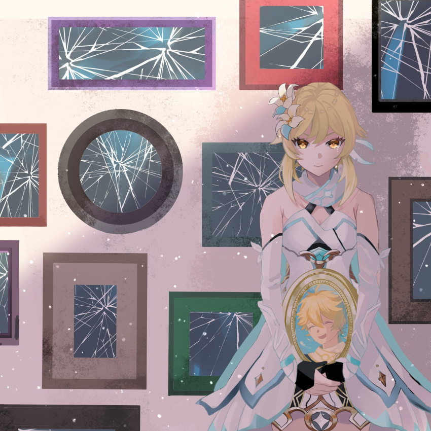 1girl, aether_(genshin_impact), arm_armor, bare_shoulders, black_gloves, blonde_hair, blue_cape, breasts