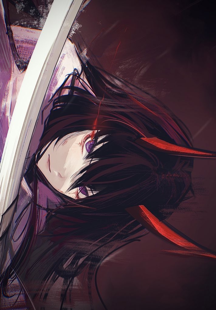 acheron_(honkai:_star_rail), acheron_(izumo)_(honkai:_star_rail), blood, blood_on_face, closed_mouth, fuchuu_(nini), holding, holding_sword, holding_weapon, honkai:_star_rail, honkai_(series), horns, japanese_clothes, kimono, looking_at_viewer, official_alternate_costume, purple_hair, sword, twitter_username, violet_eyes, weapon, white_kimono