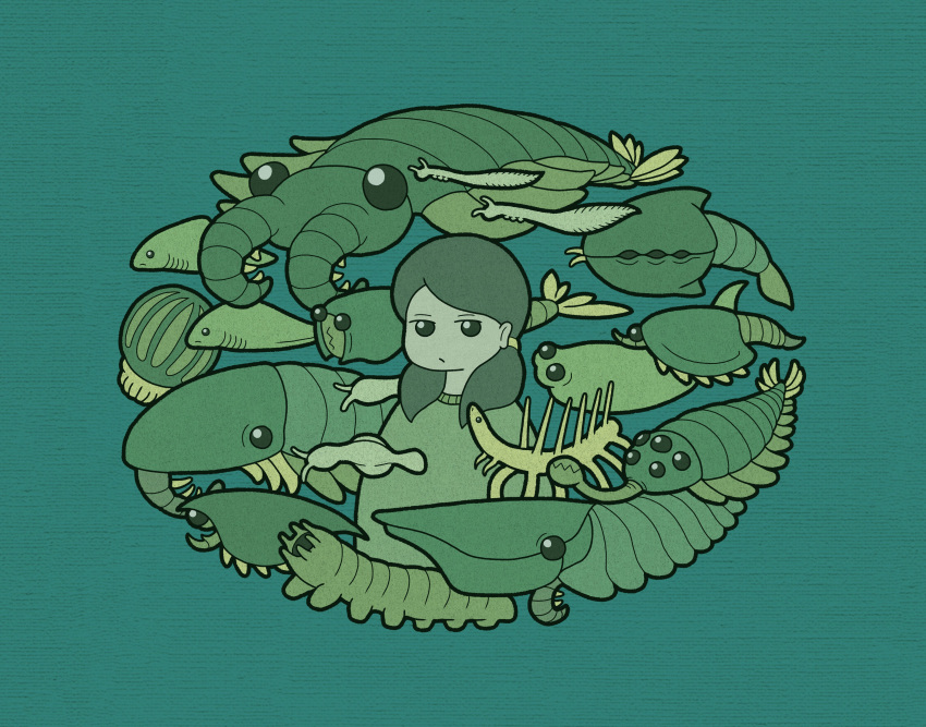 1girl, absurdres, animal, animal_request, anomalocaris, commentary, fish, green_theme