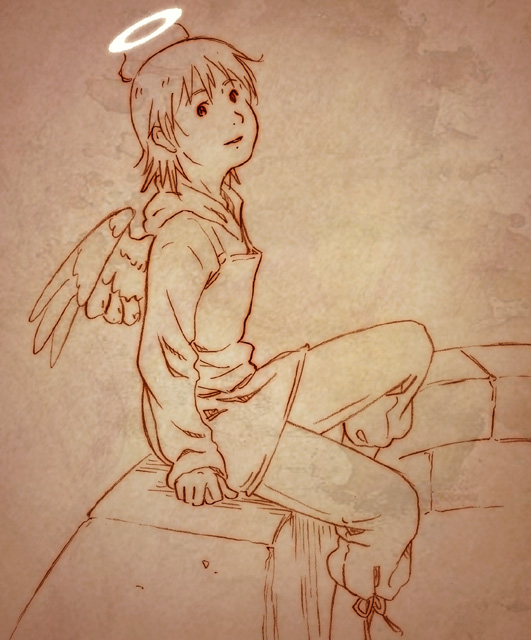 haibane_renmei, halo, hoodie, long_sleeves, monochrome, orange_(color), r_kampfgruppe, rakka