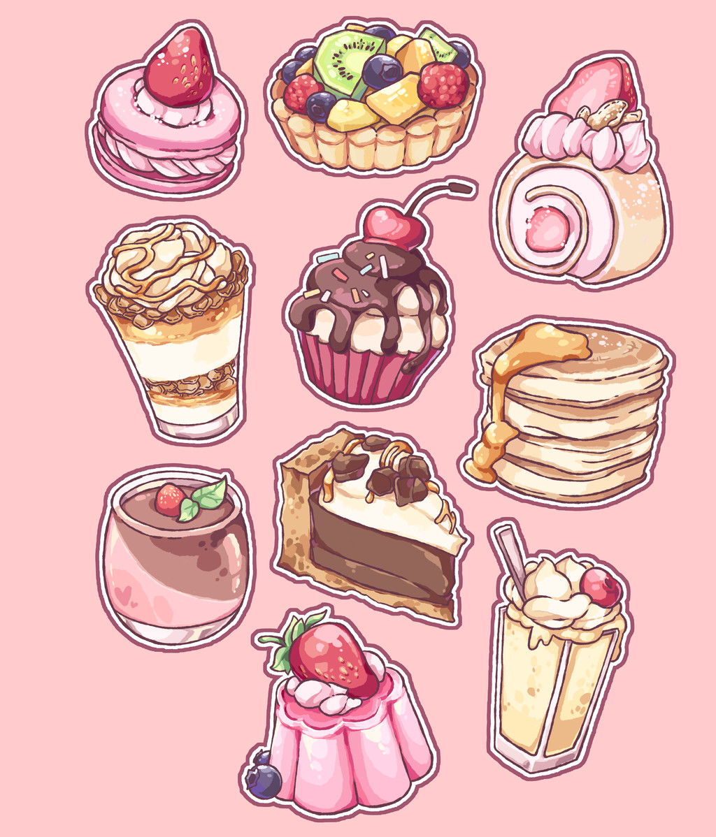 arkneru, blueberry, cake, cherry, chocolate_pie, chocolate_syrup, commentary, cupcake, english_commentary, food, food_focus, fruit, fruit_tart, gelatin, glass, ice_cream, kiwi_(fruit), kiwi_slice, leaf, macaron, mango, no_humans, nut_(food), original, outline, pancake, pancake_stack, parfait, pie, pie_slice, pink_background, pudding, raspberry, simple_background, spoon, sprinkles, strawberry, strawberry_slice, sundae, sweets, swiss_roll, syrup, tart_(food), white_outline