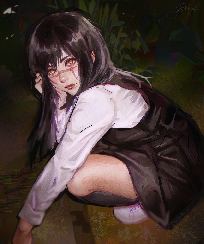 1girl, absurdres, black_hair, chainsaw_man, cross_scar, democross, dress, english_commentary, fourth_east_high_school_uniform, highres, long_hair, looking_at_viewer, pinafore_dress, ringed_eyes, scar, scar_on_cheek, scar_on_face, scar_on_nose, school_uniform, sleeveless, sleeveless_dress, solo, squatting, yellow_eyes, yoru_(chainsaw_man)