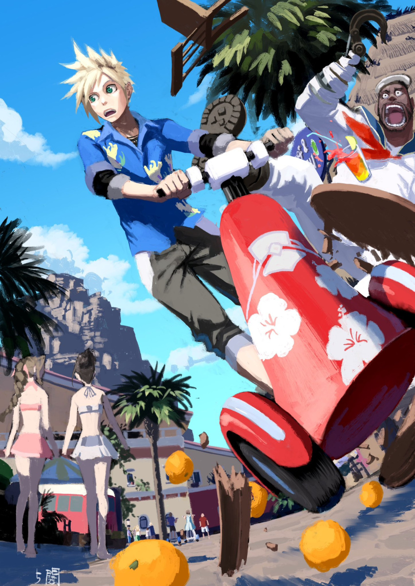 2boys, 2girls, 5tatsu, aerith_gainsborough, aerith_gainsborough_(pink_mermaid), animal_print, barret_wallace, barret_wallace_(junon_naval_crew), beard, bikini, bikini_skirt, bird_print, black_hair, black_pants, black_shirt, blonde_hair, blue_eyes, blue_sailor_collar, blue_shirt, braid, braided_ponytail, brown_hair, chocobo, cloud_strife, cloud_strife_(ocean_chocobo), collision, cup, dark-skinned_male, dark_skin, facial_hair, final_fantasy, final_fantasy_vii, final_fantasy_vii_rebirth, final_fantasy_vii_remake, floral_print, food, fruit, grey_bikini, grey_skirt, hair_ribbon, hat, hawaiian_shirt, hibiscus_print, highres, hook_hand, midriff, multiple_boys, multiple_girls, mustache, official_alternate_costume, open_mouth, orange_(fruit), palm_tree, pants, pink_bikini, pink_ribbon, pink_skirt, print_shirt, prosthetic_weapon, ribbon, sailor, sailor_collar, sailor_hat, segway, shirt, shirt_under_shirt, short_hair, signature, single_braid, skirt, sleeves_rolled_up, spiky_hair, swimsuit, tifa_lockhart, tifa_lockhart_(shining_spirit), town, tree, tropical_drink, updo, very_short_hair, walking, white_hat, white_shirt, wide-eyed