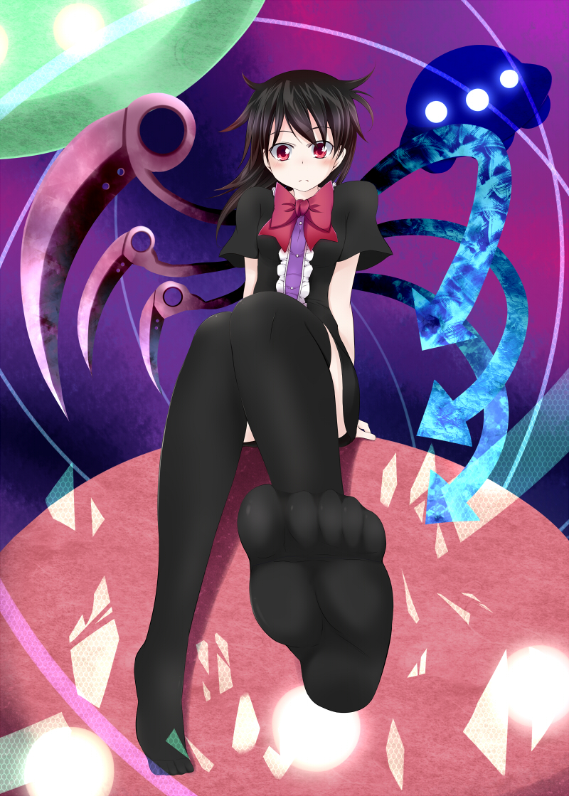 black_thighhighs, bow, feet, foreshortening, houjuu_nue, makino_(ukiuo), open_mouth, pov_feet