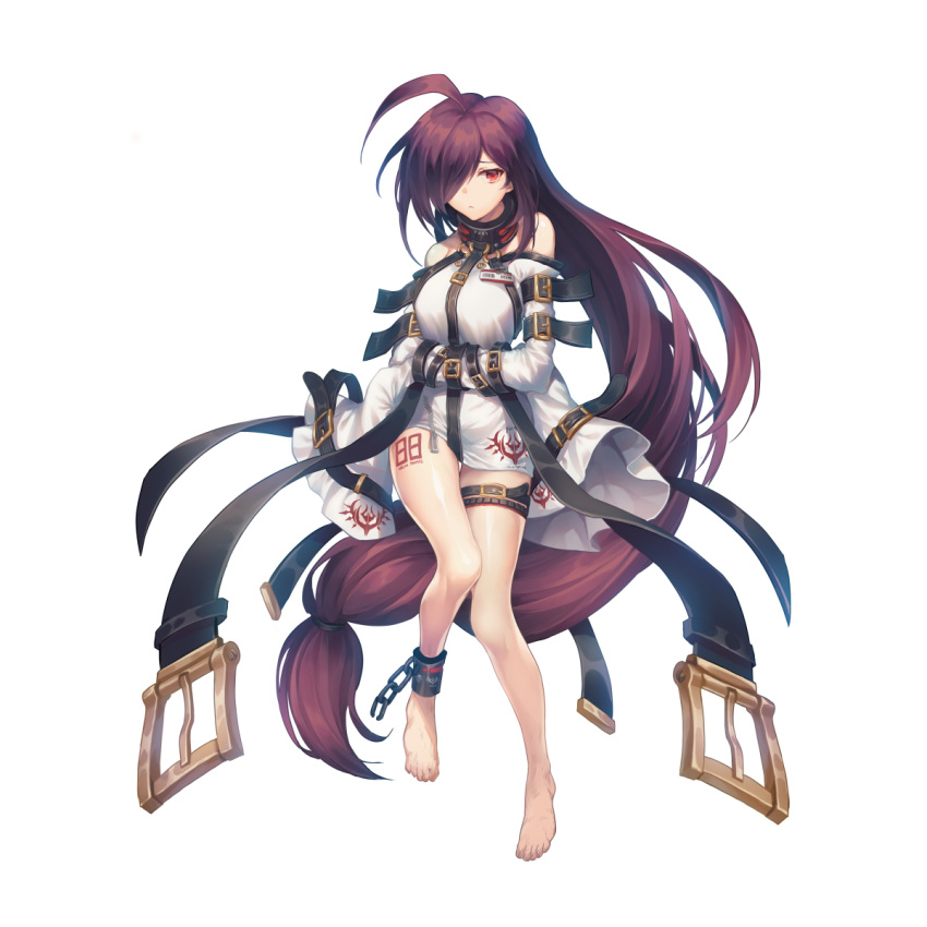1girl, absurdly_long_hair, ahoge, arm_belt, artist_request, bare_legs, bare_shoulders, barefoot