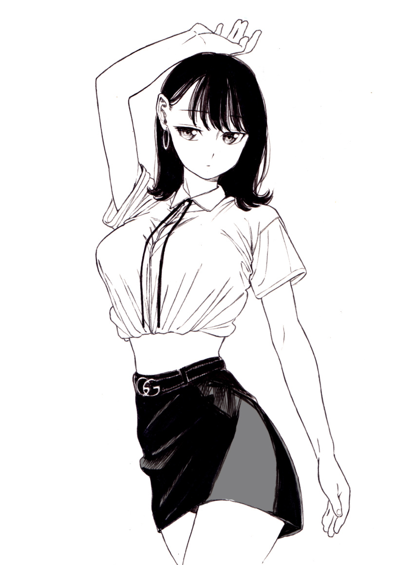 1girl, arms_up, bad_id, bad_pixiv_id, belt, black_hair, black_skirt, bolo_tie