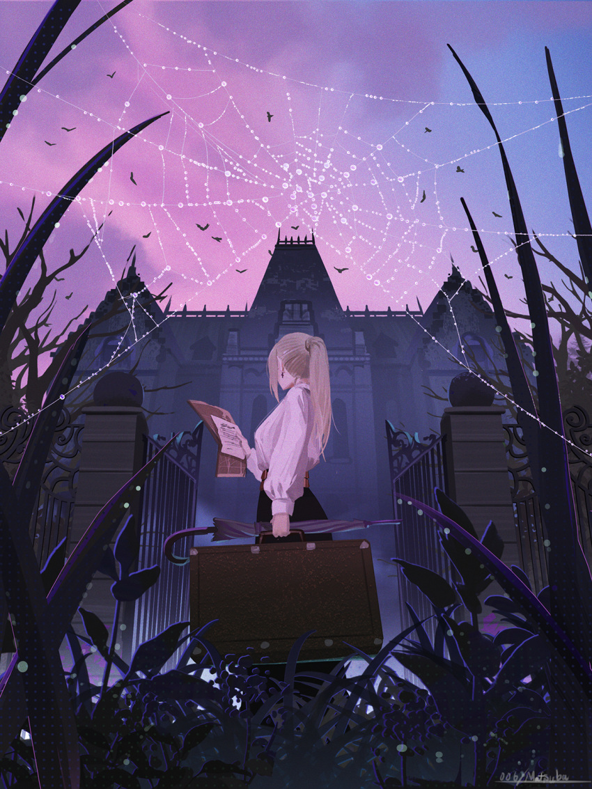 1girl, bird, black_skirt, blonde_hair, blue_sky, briefcase, building, clouds