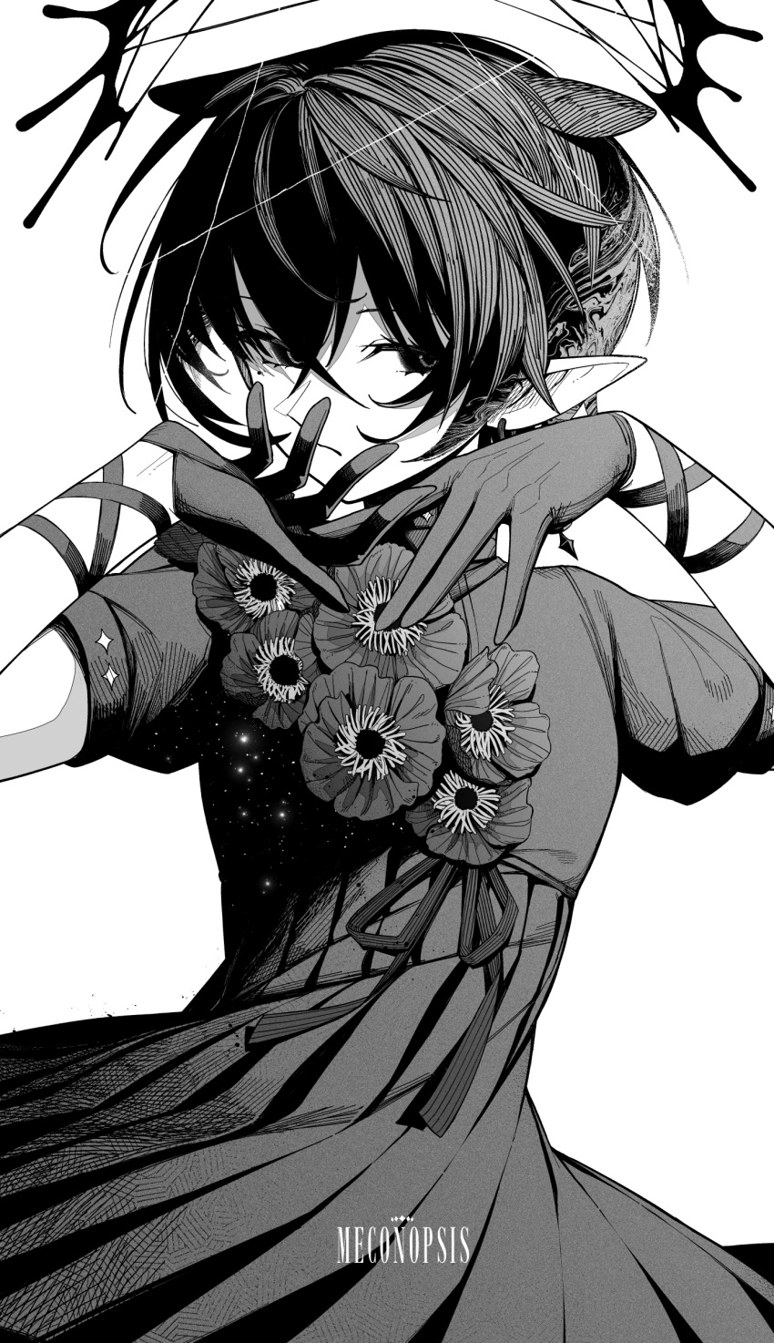 1girl, a:n_(angrynum), absurdres, antenna_hair, breasts, cowboy_shot, dress, earrings