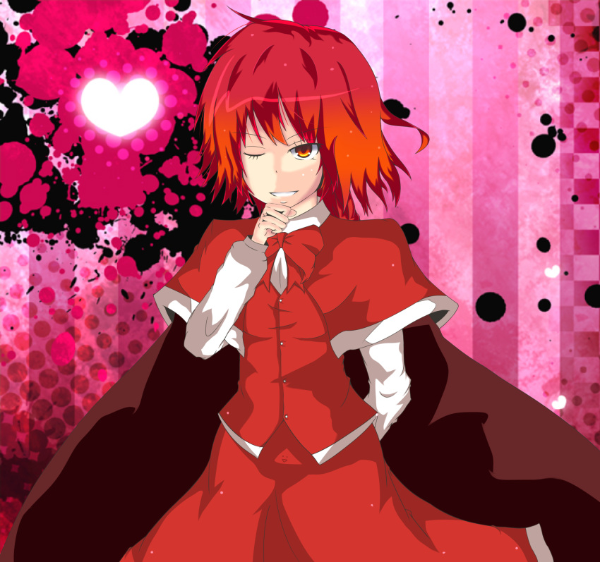 :d, arm_behind_back, bow, braid, cape, dress, grin, heart, highres, koenza_botoke, long_hair, okazaki_yumemi, red_eyes, redhead, smile, solo, touhou, touhou_(pc-98), wink