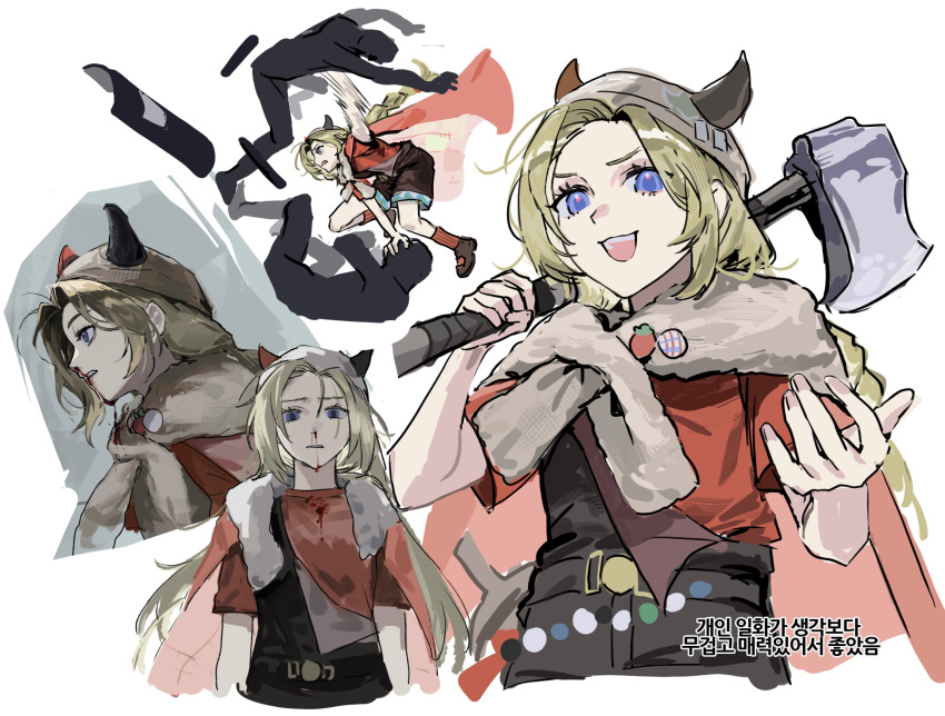 1girl, 2others, :d, axe, blonde_hair, blood, blood_on_clothes, blue_eyes