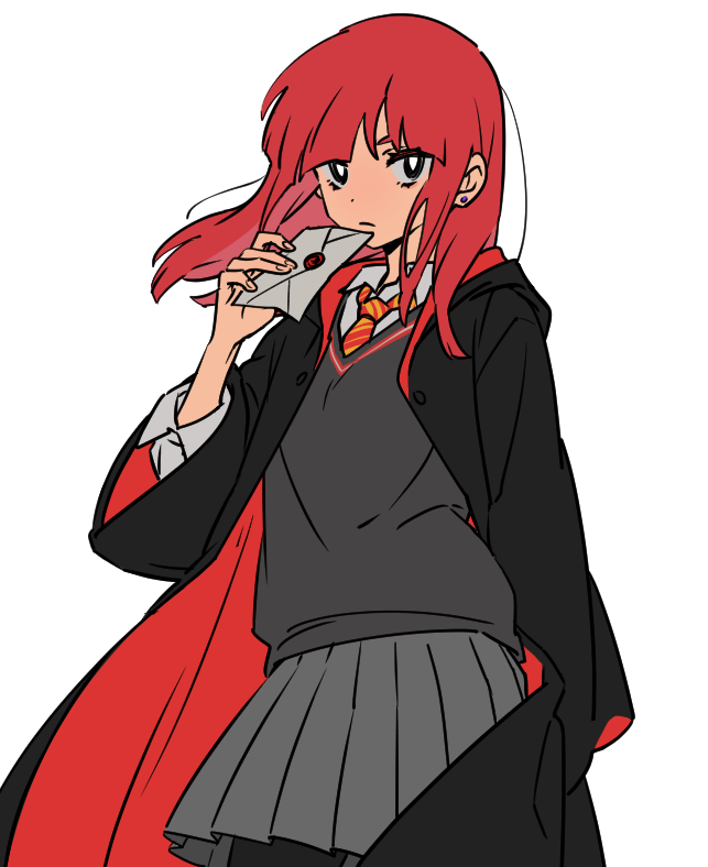 1girl, black_eyes, cloak, collared_shirt, earrings, envelope, expressionless, gryffindor