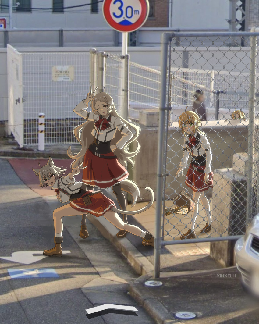 1boy, 3girls, :3, absurdres, animal_ears, arm_up, artist_name, blush