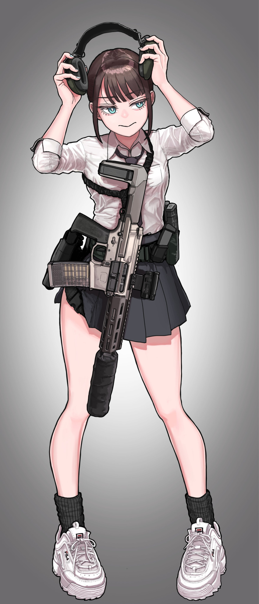 1girl, :>, aac_honey_badger, absurdres, aqua_eyes, assault_rifle, belt, black_necktie