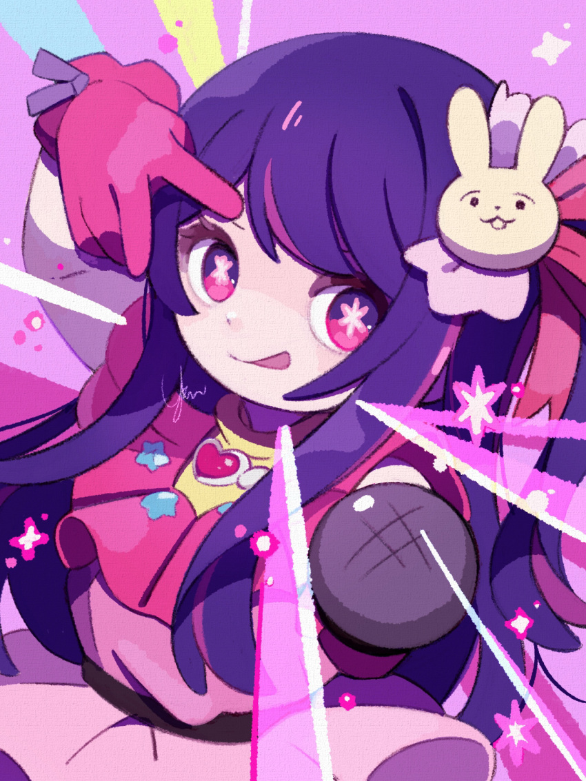 1girl, gloves, hair_ornament, highres, hoshino_ai_(oshi_no_ko), idol, long_hair, microphone