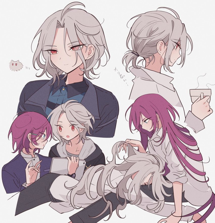 2boys, :o, bad_id, bad_pixiv_id, black_jacket, black_pants, blue_eyes, closed_mouth