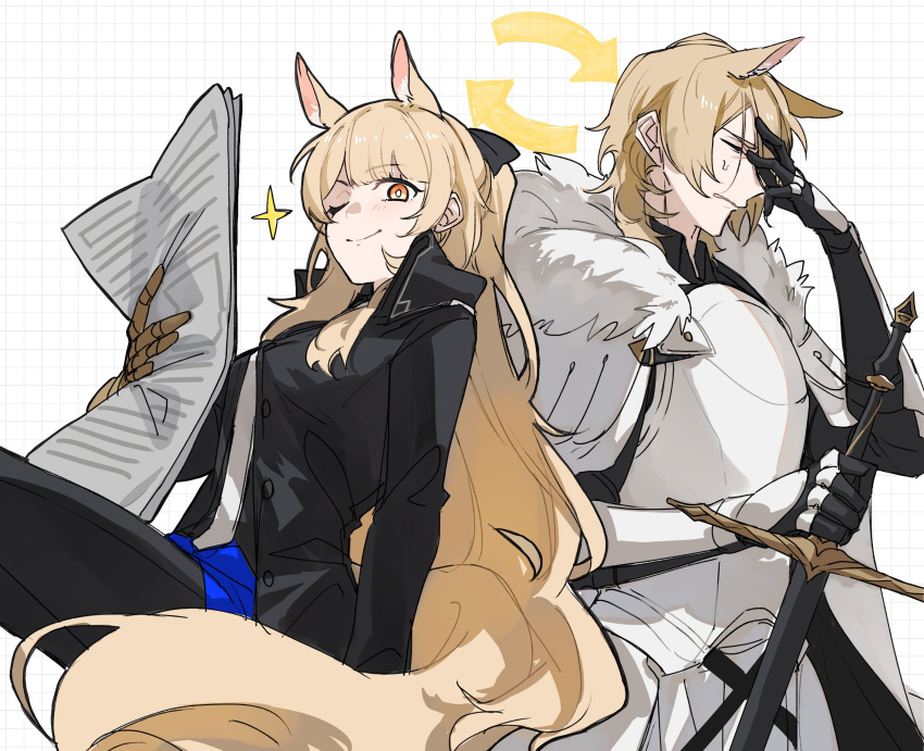 1boy, 1girl, absurdres, animal_ears, annoyed, arknights, armor, arrow_(symbol)