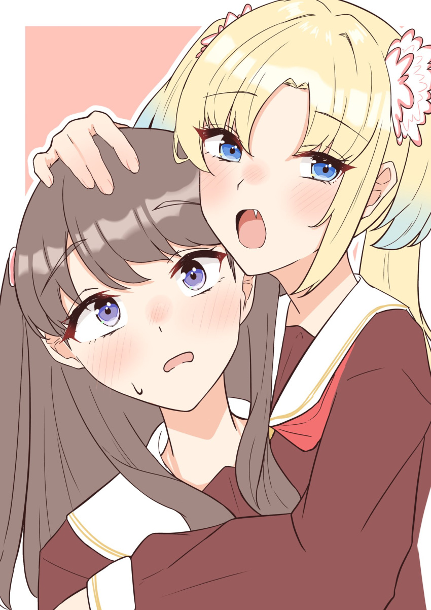 2girls, blonde_hair, blue_eyes, blue_hair, blush, brown_dress, brown_hair, dress