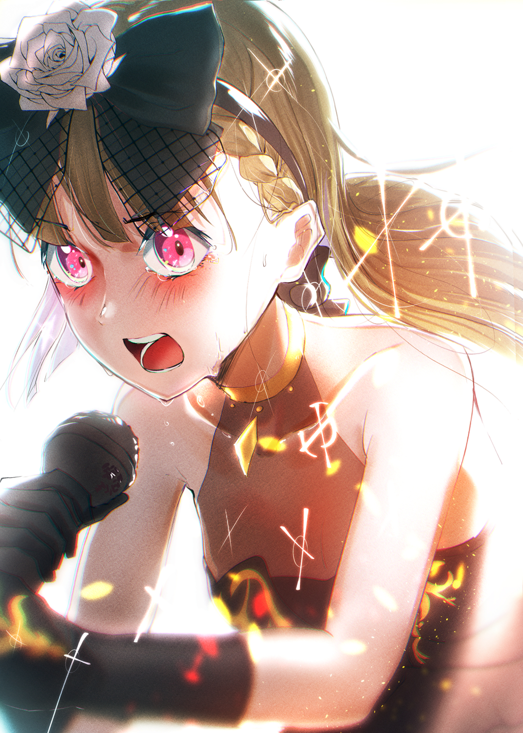 1girl, black_bow, black_dress, black_gloves, blush, bow, bow_hairband, braid