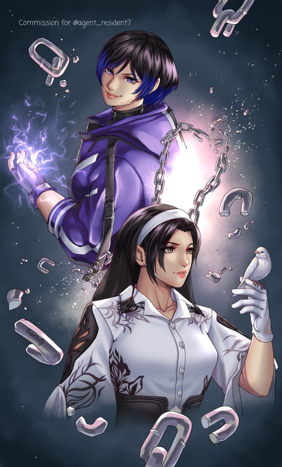 2girls, black_hair, brown_eyes, colored_tips, fingerless_gloves, gloves, hairband, hood, hooded_jacket, jacket, kazama_jun, long_hair, multicolored_hair, namco, purple_hair, reina_(tekken), tekken, tekken_2, tekken_8, tekken_tag_tournament, tekken_tag_tournament_2, treartz, two-tone_hair, violet_eyes