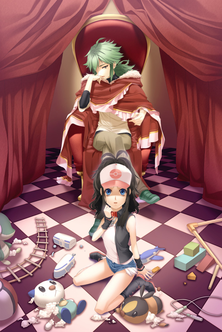 black_hair, blue_eyes, collar, denim, denim_shorts, green_eyes, green_hair, hat, n's_room, n_(pokemon), oshawott, pesu_(penpen), poke_ball, pokemon, pokemon_(game), pokemon_black_and_white, pokemon_bw, ponytail, railroad_tracks, shorts, sitting, snivy, tepig, touko_(pokemon), toy, train_track, vest, wariza