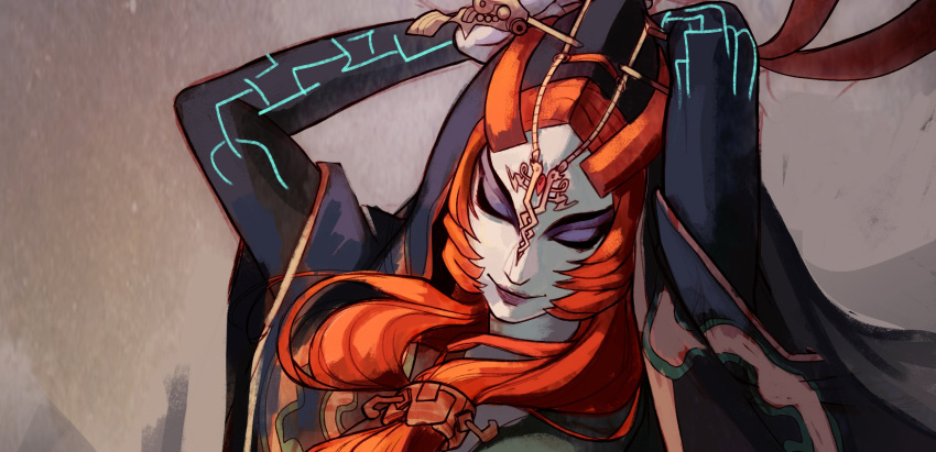 arms_up, ayuuniiart, black_skin, closed_eyes, colored_skin, commentary, english_commentary, eyeshadow, highres, jewelry, long_hair, makeup, midna, midna_(true), multicolored_skin, purple_eyeshadow, redhead, the_legend_of_zelda, the_legend_of_zelda:_twilight_princess, twili, two-tone_skin, unfinished, white_skin