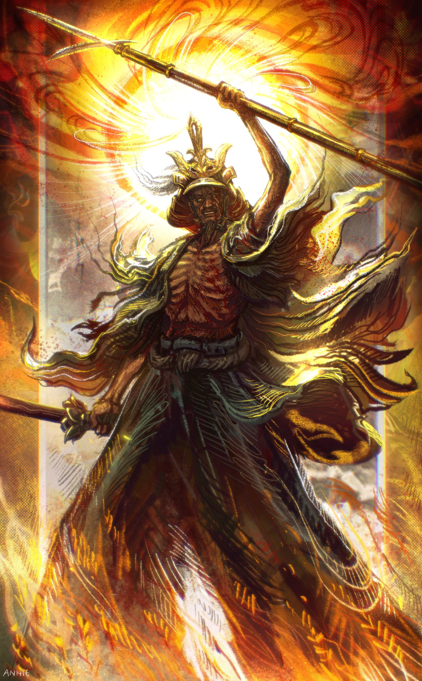 1boy, absurdres, anniechromes, armor, ashina_isshin, beard, black_hair, facial_hair, helmet, highres, holding, holding_sword, holding_weapon, japanese_armor, japanese_clothes, juumonji_yari, kabuto_(helmet), katana, kimono, ornate, polearm, samurai, sekiro:_shadows_die_twice, solo, spear, sword, sword_saint_isshin, weapon, yari