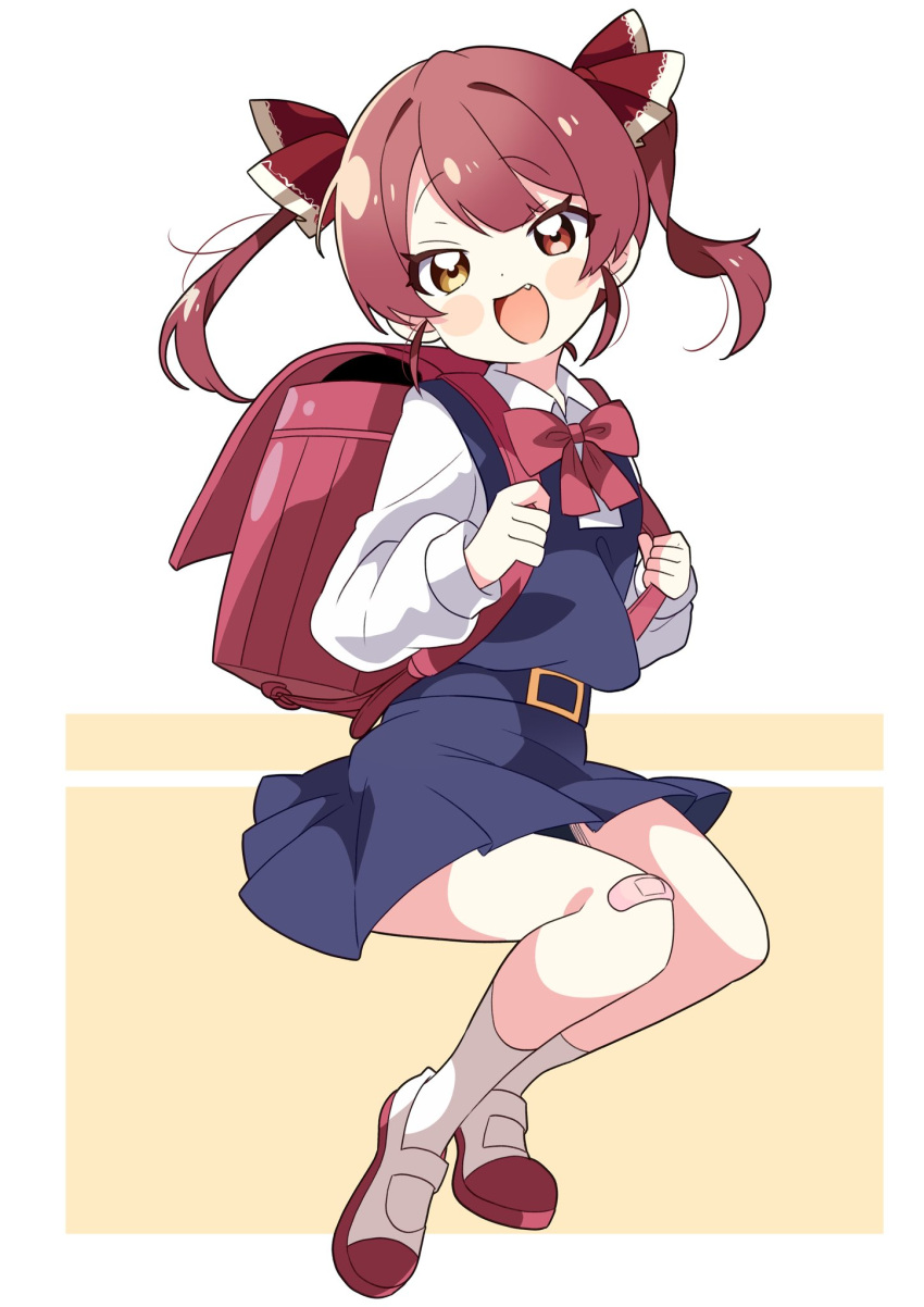 1girl, aged_down, backpack, bag, bandaid, bandaid_on_knee, bandaid_on_leg, blush_stickers