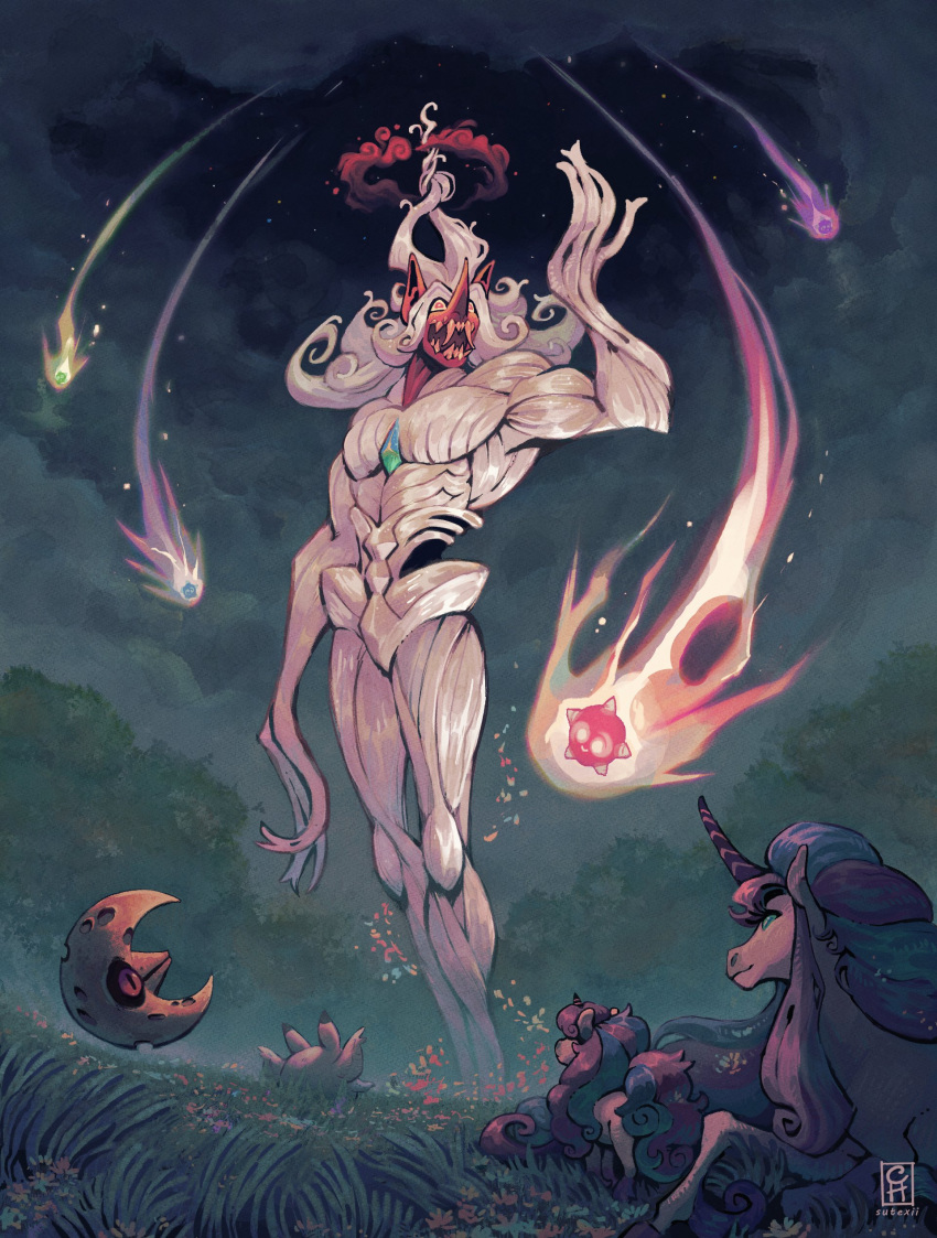 absurdres, alternate_color, arm_up, fangs, galarian_ponyta, galarian_rapidash, gigantamax, gigantamax_grimmsnarl