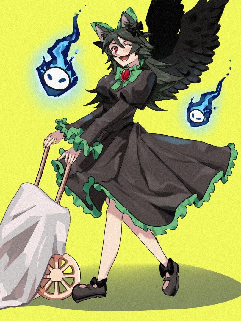 1girl, animal_ears, bird_wings, black_bow, black_footwear, black_hair, black_wings, blush, bow, cat_ears, commentary_request, cosplay, dress, fake_animal_ears, flaming_skull, floating_skull, footwear_bow, full_body, green_dress, hair_bow, hamadain_000, juliet_sleeves, kaenbyou_rin, kaenbyou_rin_(cosplay), long_hair, long_sleeves, looking_at_viewer, mary_janes, medium_bangs, open_mouth, puffy_sleeves, red_eyes, reiuji_utsuho, shoes, simple_background, smile, solo, touhou, wheelbarrow, wings, yellow_background