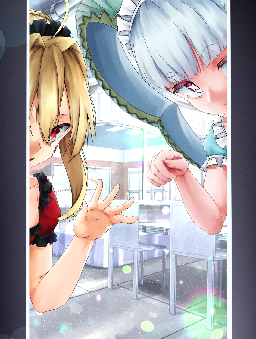 2girls, absurdres, ahoge, blonde_hair, blue_hair, blush, breasts, chair, curled_horns, dress, fate/grand_order, fate_(series), highres, horns, light_blue_hair, looking_at_viewer, maid, maid_headdress, medium_hair, mt_(mt_203), multiple_girls, nero_claudius_(fate), open_mouth, pink_eyes, queen_draco_(fate), red_eyes, short_sleeves, sidelocks, small_breasts, smile, symbol-shaped_pupils, table, tiamat_(fate)