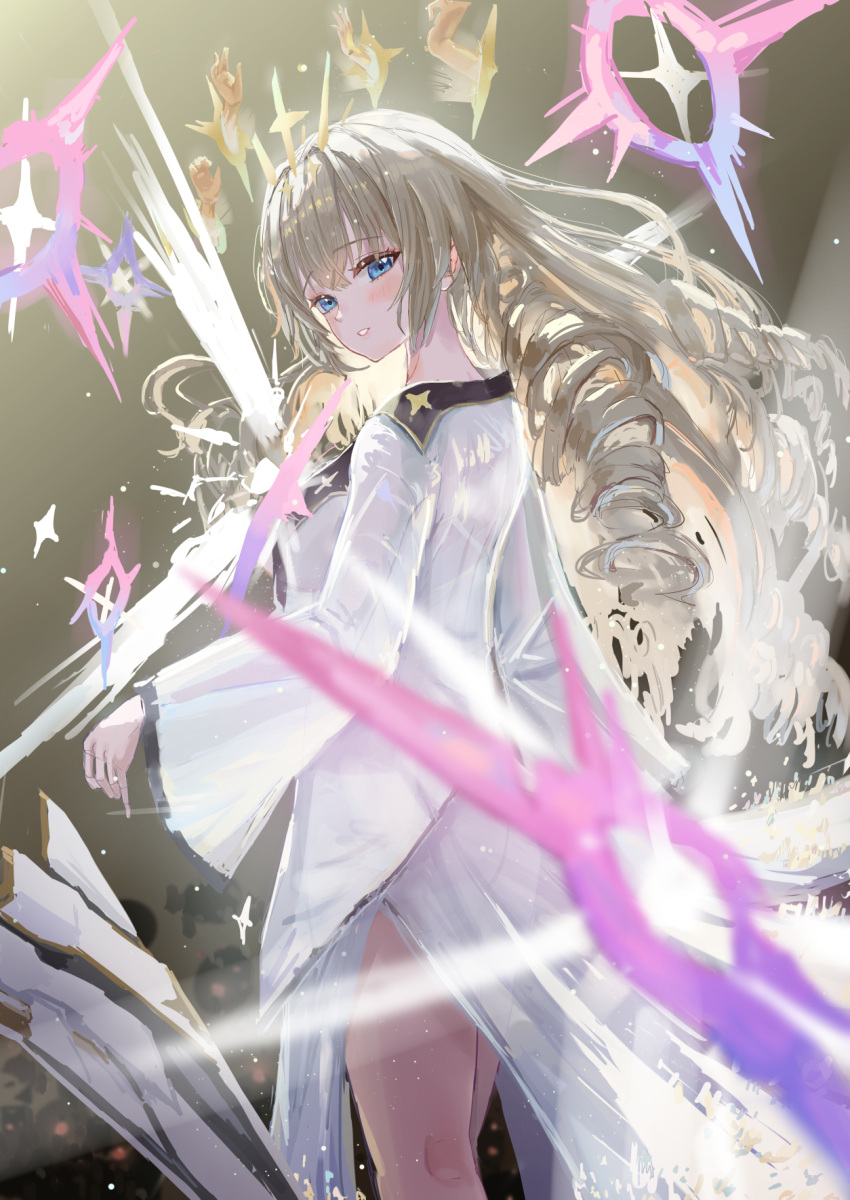 1girl, blonde_hair, blue_eyes, crown_(naked_king)_(nikke), crown_(nikke), disembodied_hand, drill_hair, from_behind