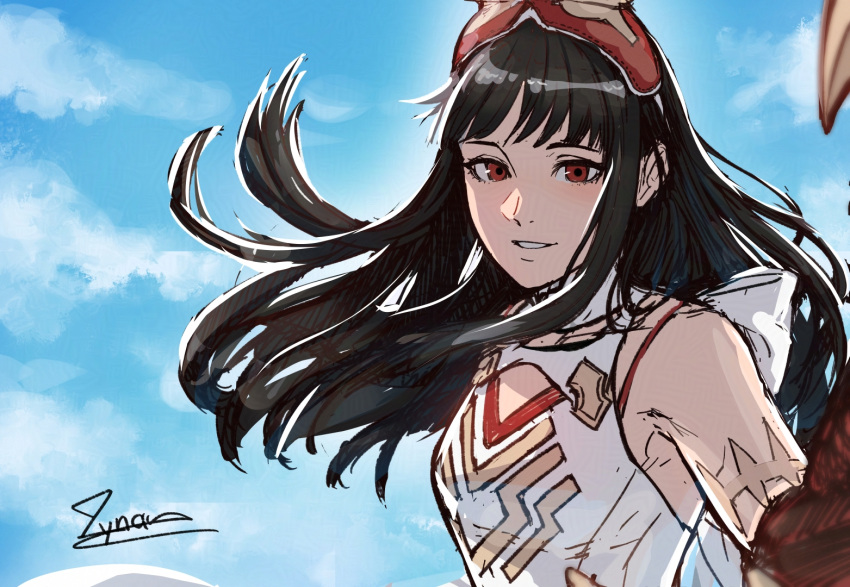 1girl, armband, bare_shoulders, black_hair, blue_sky, cm_lynarc, eyewear_on_head, fire_emblem