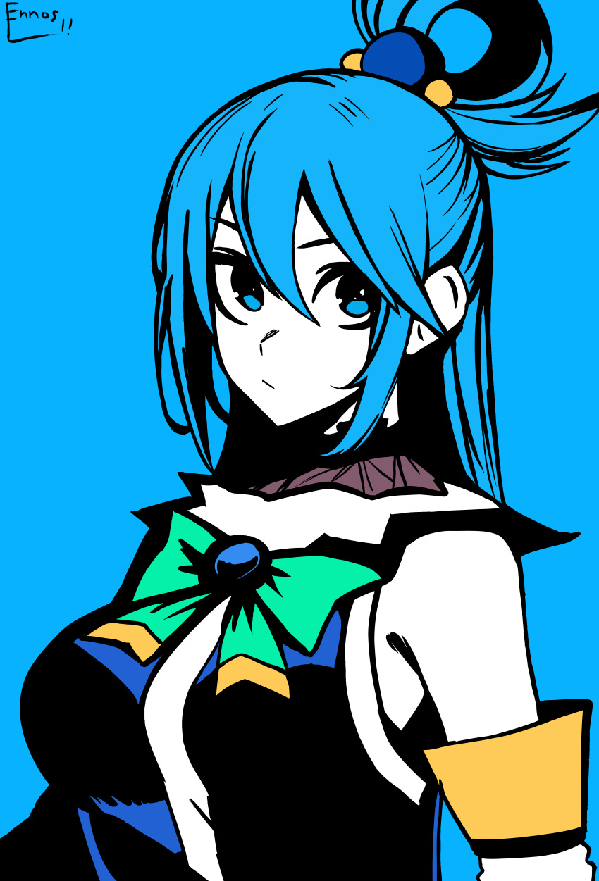 1girl, absurdres, aqua_(konosuba), aqua_background, blue_background, blue_eyes, blue_shirt, bow