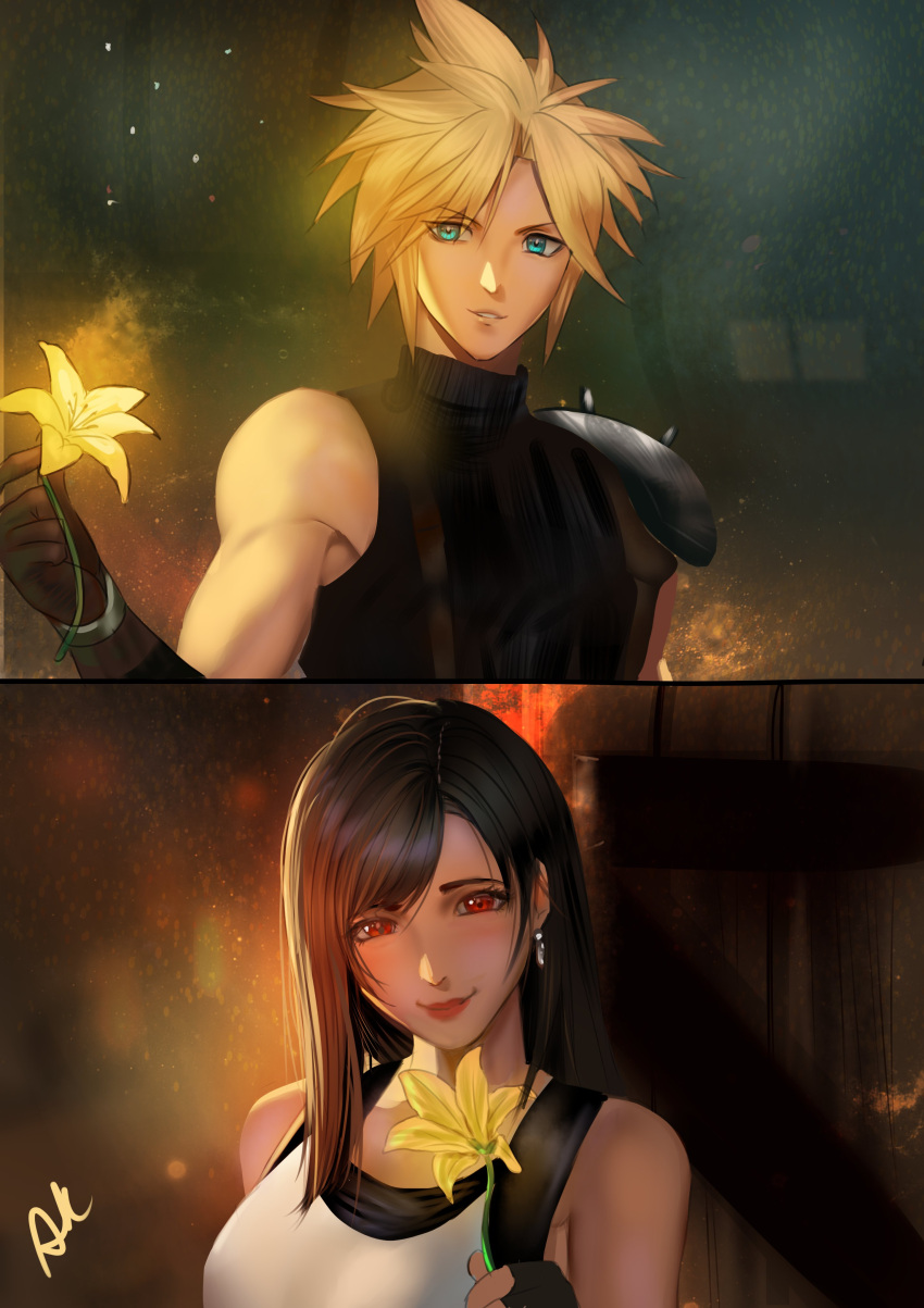1boy, 1girl, absurdres, arialla_draws, armor, bare_shoulders, black_gloves, black_hair