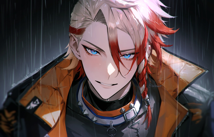 1boy, axel_syrios, axel_syrios_(1st_costume), bishounen, blonde_hair, blue_collar, blue_eyes, blurry_edges