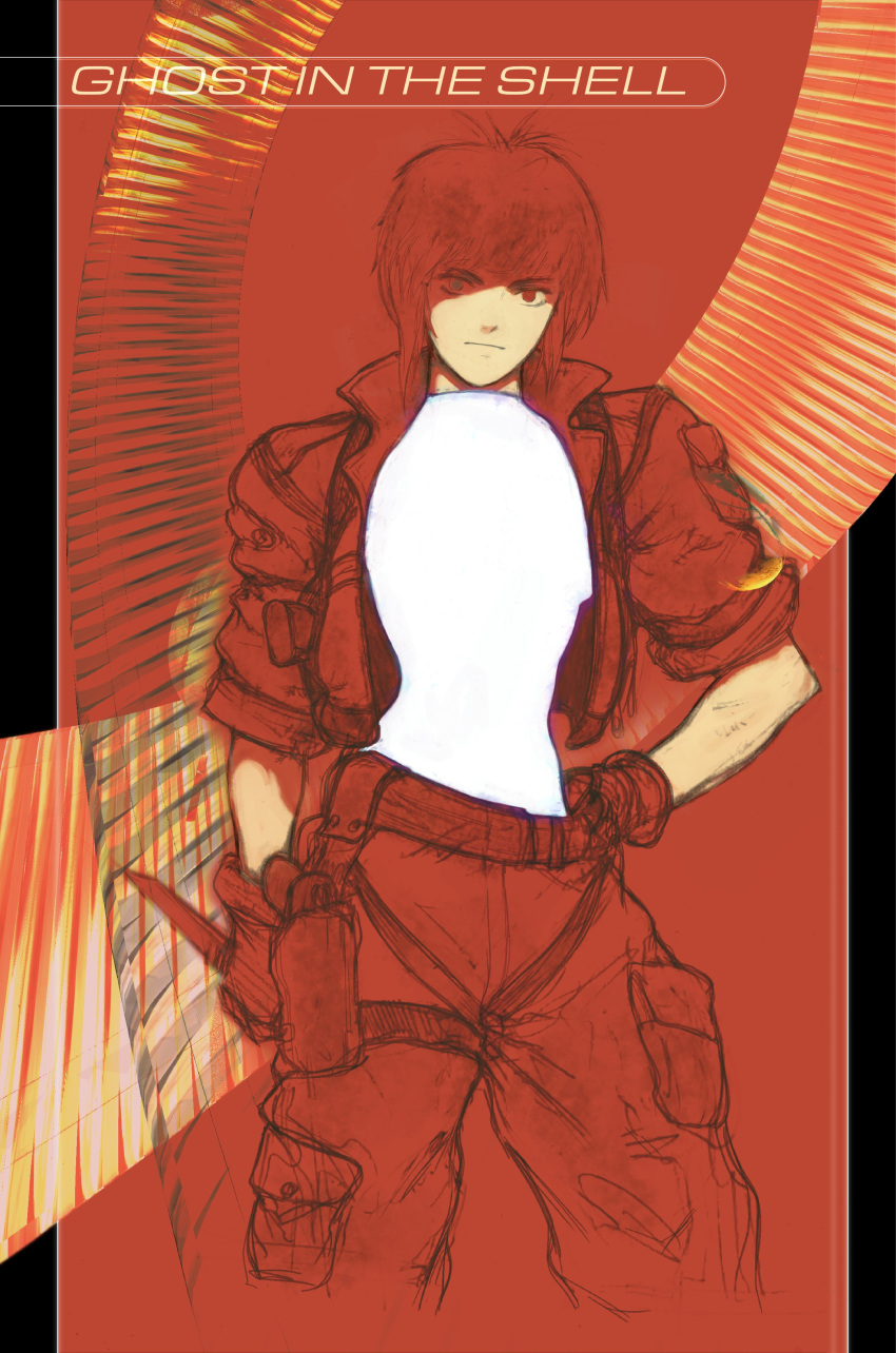 1girl, :|, absurdres, artificial_eyes, belt, cargo_pants, closed_mouth, cyborg, english_text, fingerless_gloves, ghost_in_the_shell, gloves, gun, hand_on_own_hip, handgun, heterochromia, highres, holding, holding_knife, holding_weapon, jacket, jed_(jedzem), knife, kusanagi_motoko, looking_at_viewer, military_jacket, muscular, narrow_waist, pants, pouch, red_background, shirt, short_hair, sleeveless, sleeveless_shirt, solo, thigh_pouch, toned, weapon